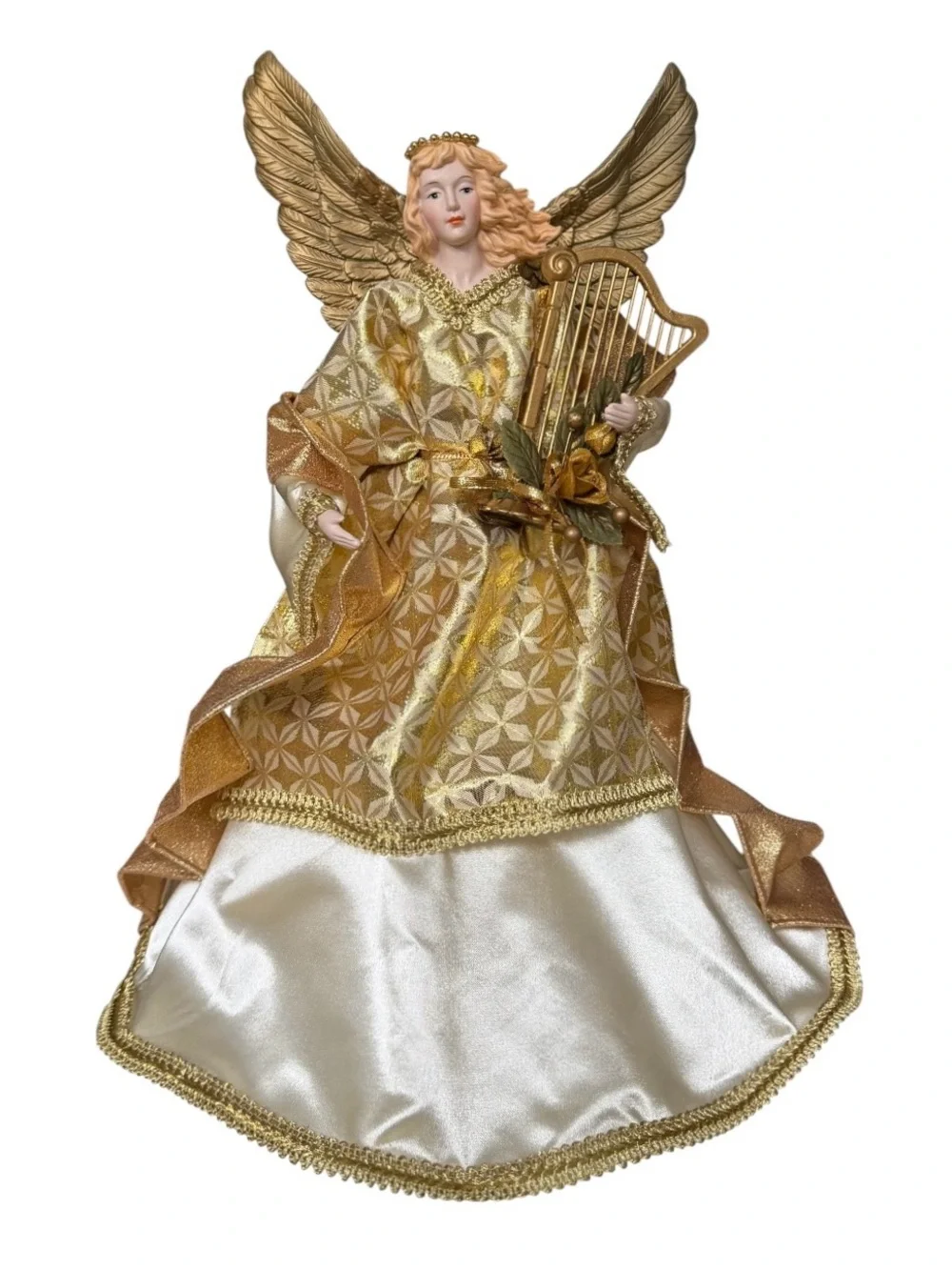 Victorian Gold Large Christmas Angel Tree Topper with Harp 17.5”H